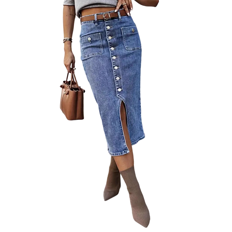 High-Waist Button-Front Denim Skirt