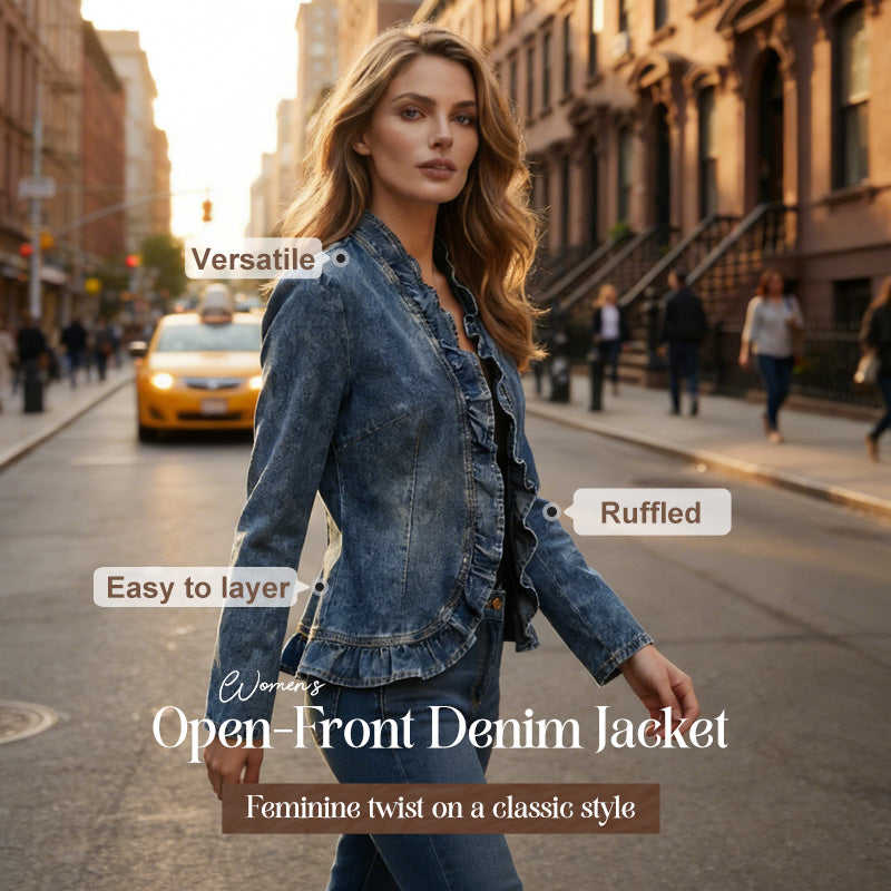 🧥 42% OFF NOW!! 🌸 Women's Denim Jacket with Ruffles & Open Front – Lightweight & Feminine – Versatile & Chic 👗