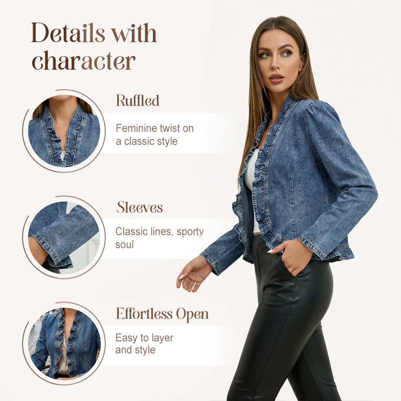 🧥 42% OFF NOW!! 🌸 Women's Denim Jacket with Ruffles & Open Front – Lightweight & Feminine – Versatile & Chic 👗