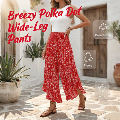 💖50% OFF🌺Polka Dot Ruffle Wide-Leg Pants – Smocked High Waist & Breathable