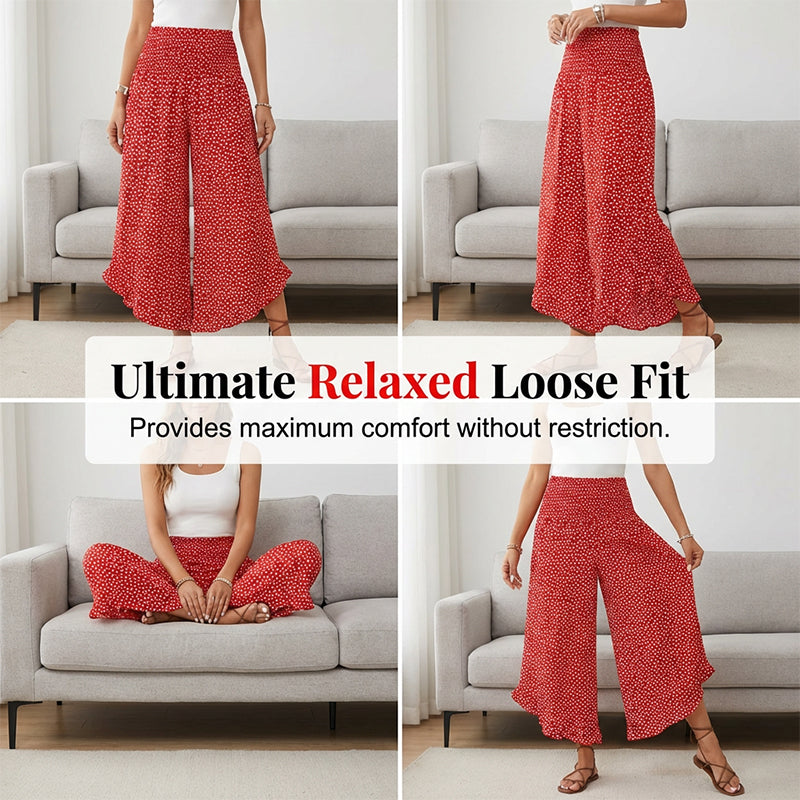 💖50% OFF🌺Polka Dot Ruffle Wide-Leg Pants – Smocked High Waist & Breathable