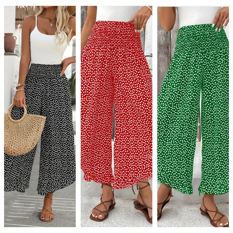 💖50% OFF🌺Polka Dot Ruffle Wide-Leg Pants – Smocked High Waist & Breathable