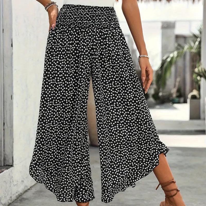 💖50% OFF🌺Polka Dot Ruffle Wide-Leg Pants – Smocked High Waist & Breathable