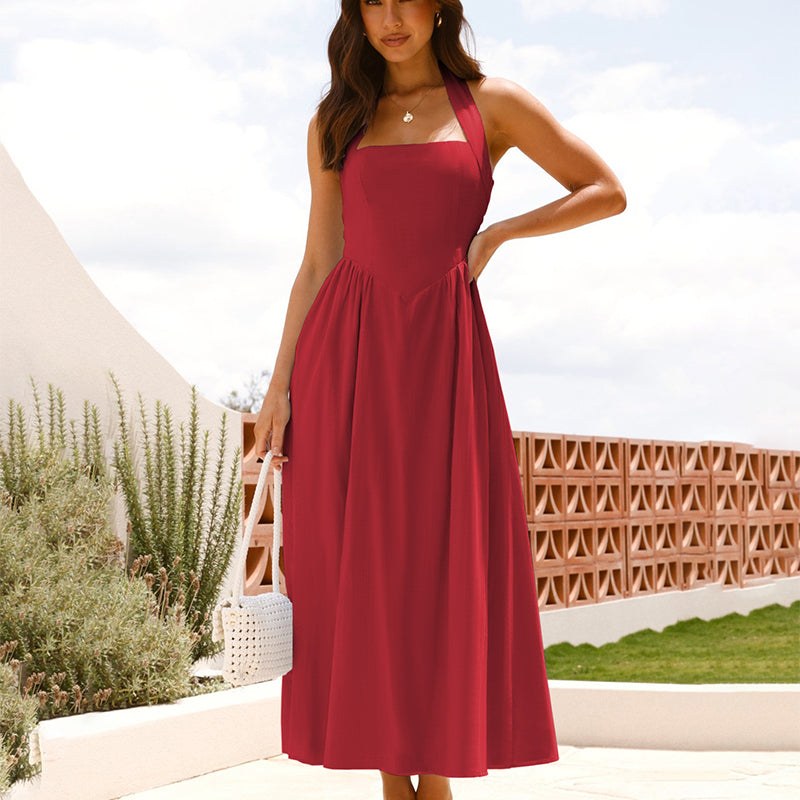 Elegant Halter Midi Dress – Stretch Back & Flattering Fit