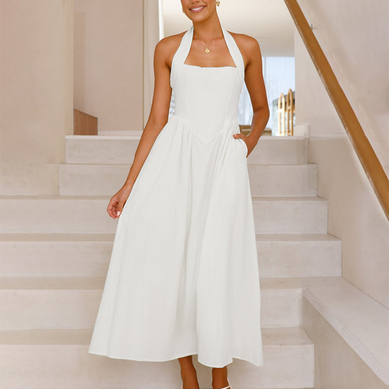 Elegant Halter Midi Dress – Stretch Back & Flattering Fit