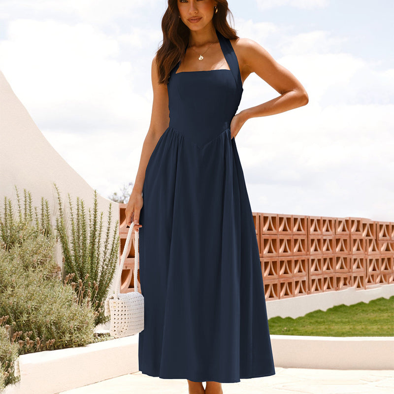 Elegant Halter Midi Dress – Stretch Back & Flattering Fit