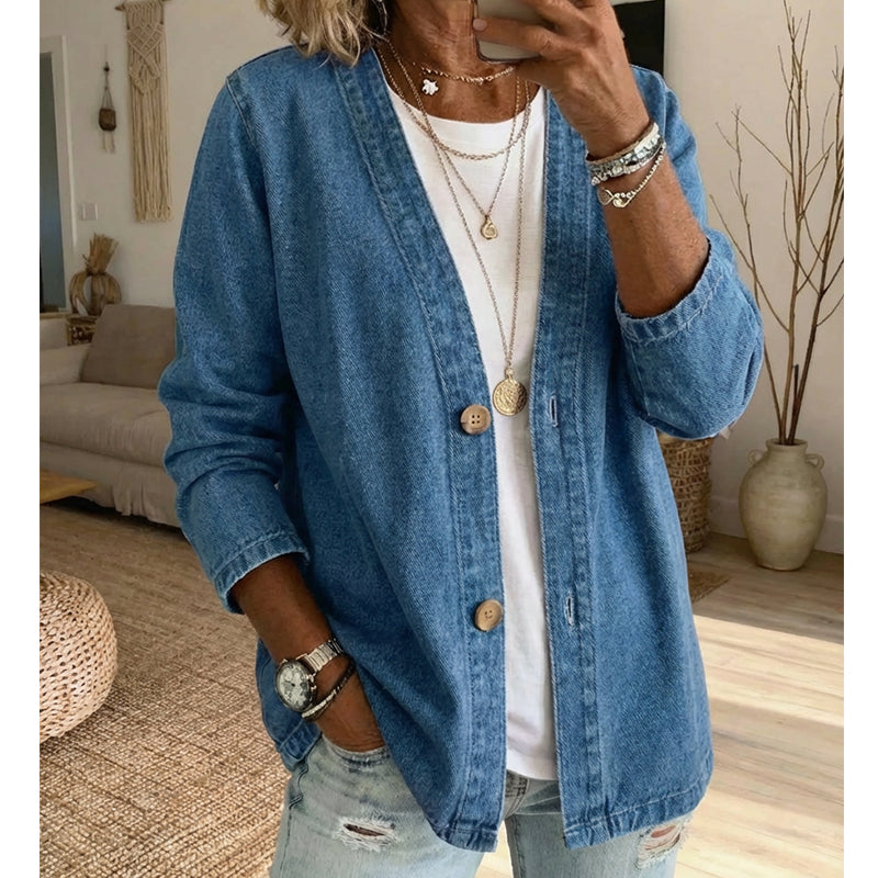 ✨ Women's Classic Button Front Denim Jacket – V-Neck, Breathable Fabric & Relaxed Fit 💙