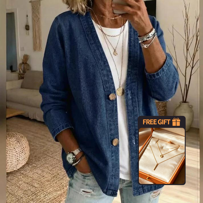 ✨ Women's Classic Button Front Denim Jacket – V-Neck, Breathable Fabric & Relaxed Fit 💙