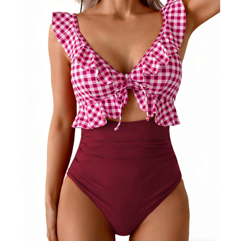 Ruffle V-Neck Swimsuit – Tummy Control & Adjustable Fit