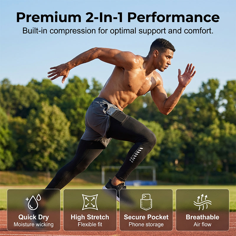 🏃‍♂️ 50% OFF NOW!💨 Men's 2-in-1 Running Tights with Shorts – Compression & Quick-Dry – Sports Leggings with Phone Pocket 📱