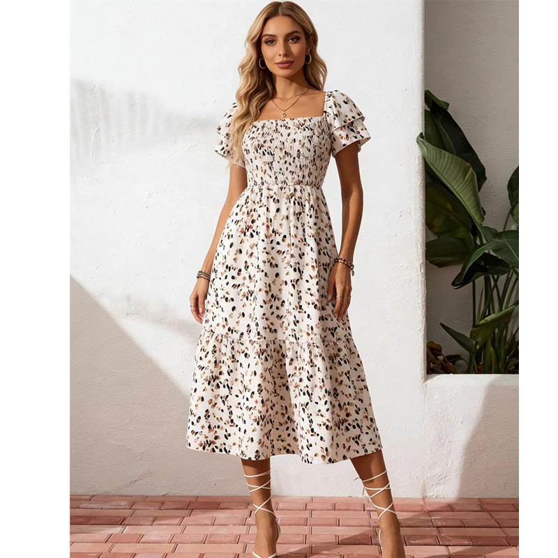 Smocked Floral Midi Dress – Square Neck & Flowy Tiers