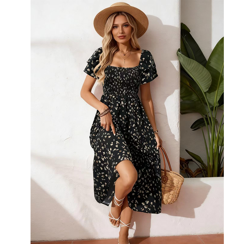 Smocked Floral Midi Dress – Square Neck & Flowy Tiers