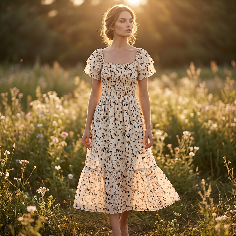 Smocked Floral Midi Dress – Square Neck & Flowy Tiers