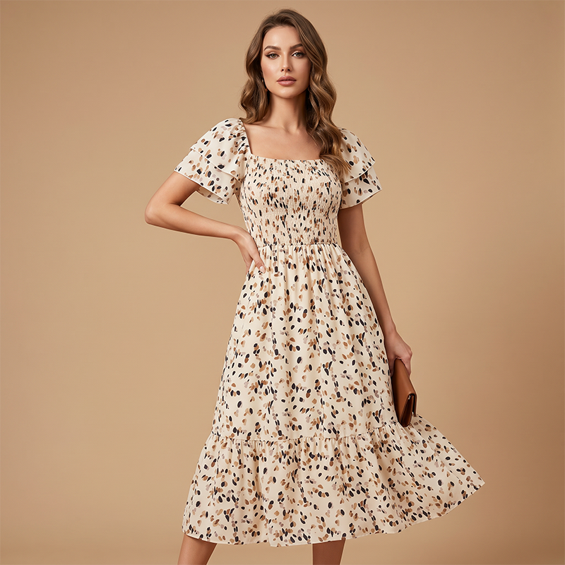 Smocked Floral Midi Dress – Square Neck & Flowy Tiers