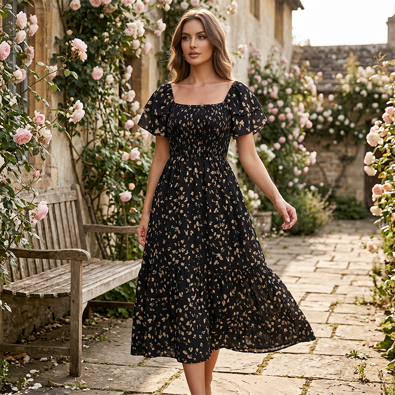 Smocked Floral Midi Dress – Square Neck & Flowy Tiers