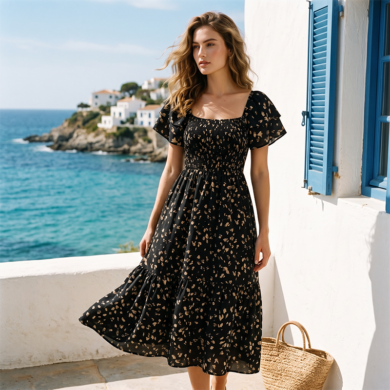 Smocked Floral Midi Dress – Square Neck & Flowy Tiers