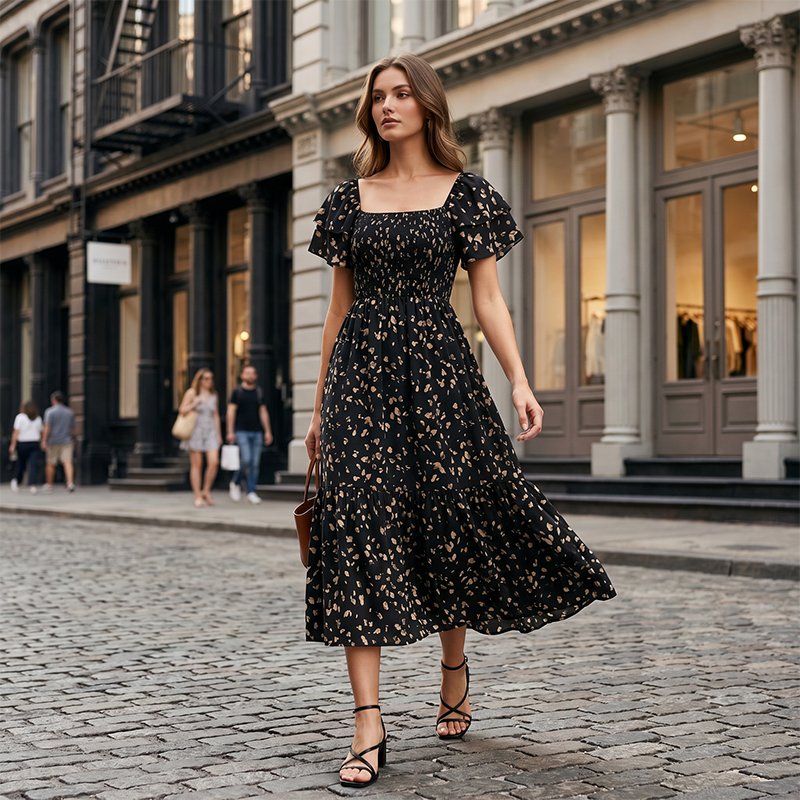 Smocked Floral Midi Dress – Square Neck & Flowy Tiers