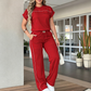 Chic Wide-Leg Two-Piece Set – Contrast Piping, Drawstring Waist