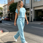 Chic Wide-Leg Two-Piece Set – Contrast Piping, Drawstring Waist