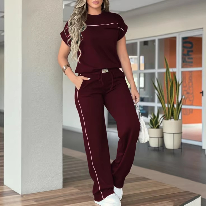 Chic Wide-Leg Two-Piece Set – Contrast Piping, Drawstring Waist