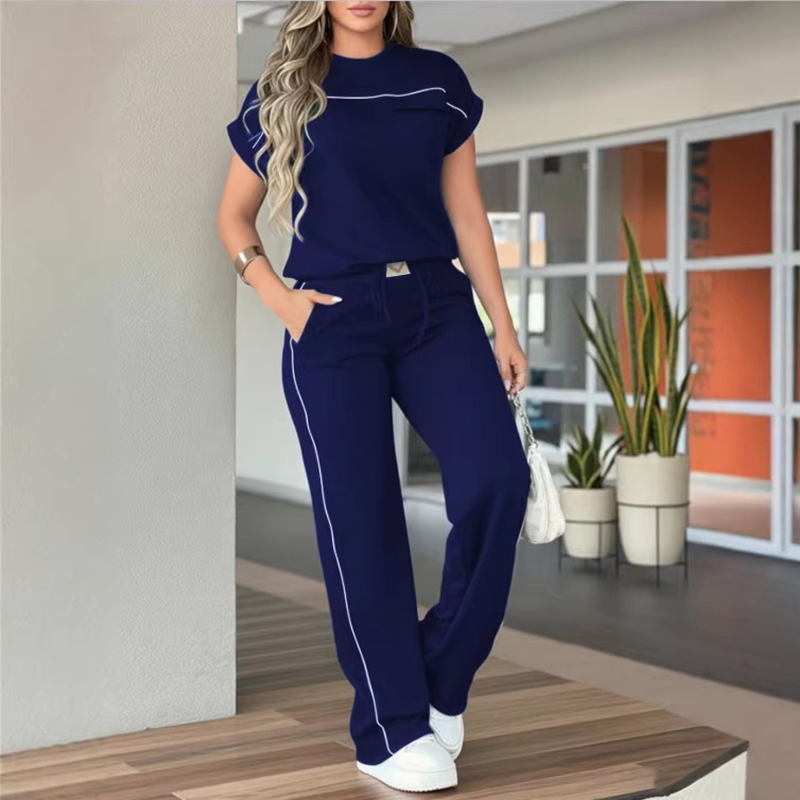 Chic Wide-Leg Two-Piece Set – Contrast Piping, Drawstring Waist