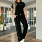 Chic Wide-Leg Two-Piece Set – Contrast Piping, Drawstring Waist