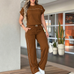 Chic Wide-Leg Two-Piece Set – Contrast Piping, Drawstring Waist