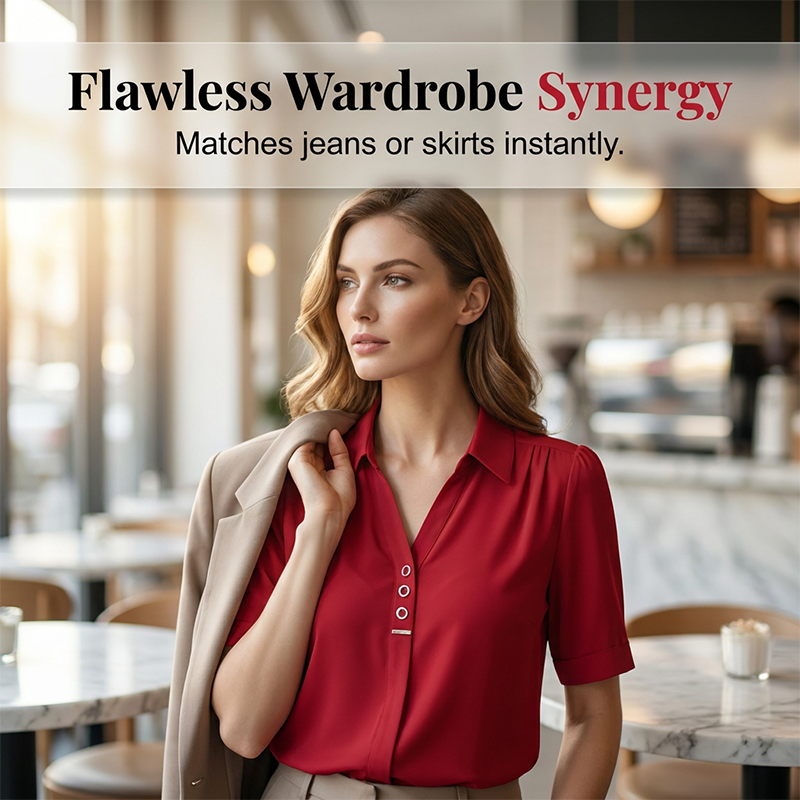 Elegant V-neck Women's Short Sleeve Solid Color Blouse