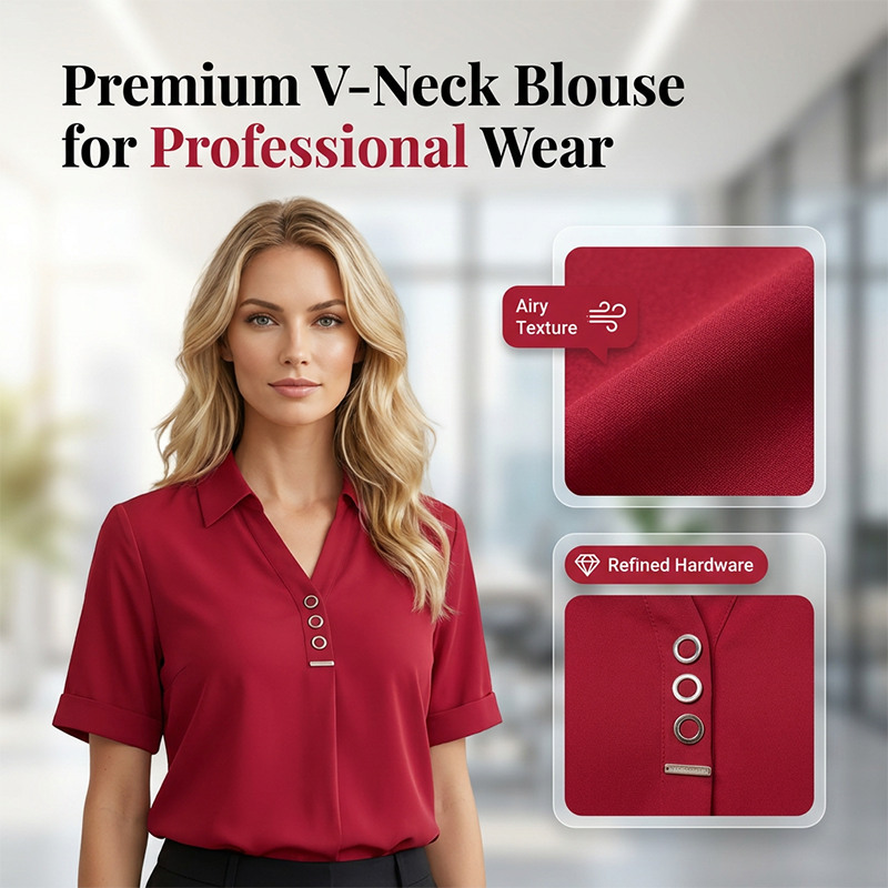 Elegant V-neck Women's Short Sleeve Solid Color Blouse