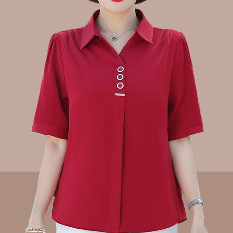 Elegant V-neck Women's Short Sleeve Solid Color Blouse