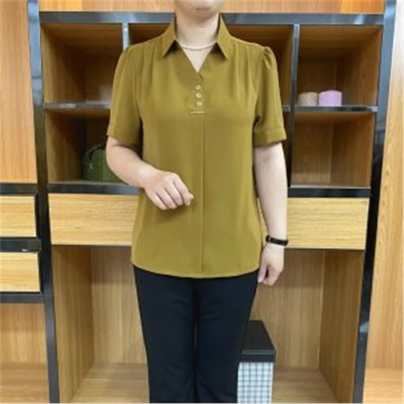 Elegant V-neck Women's Short Sleeve Solid Color Blouse