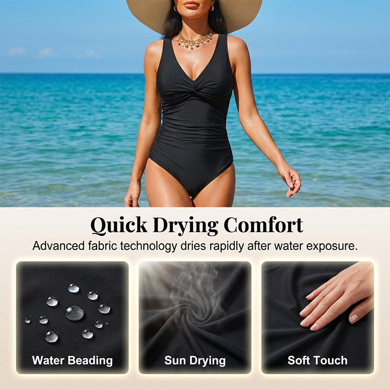 👙Tummy Control Ruched One-Piece – V-Neck & Full Coverage