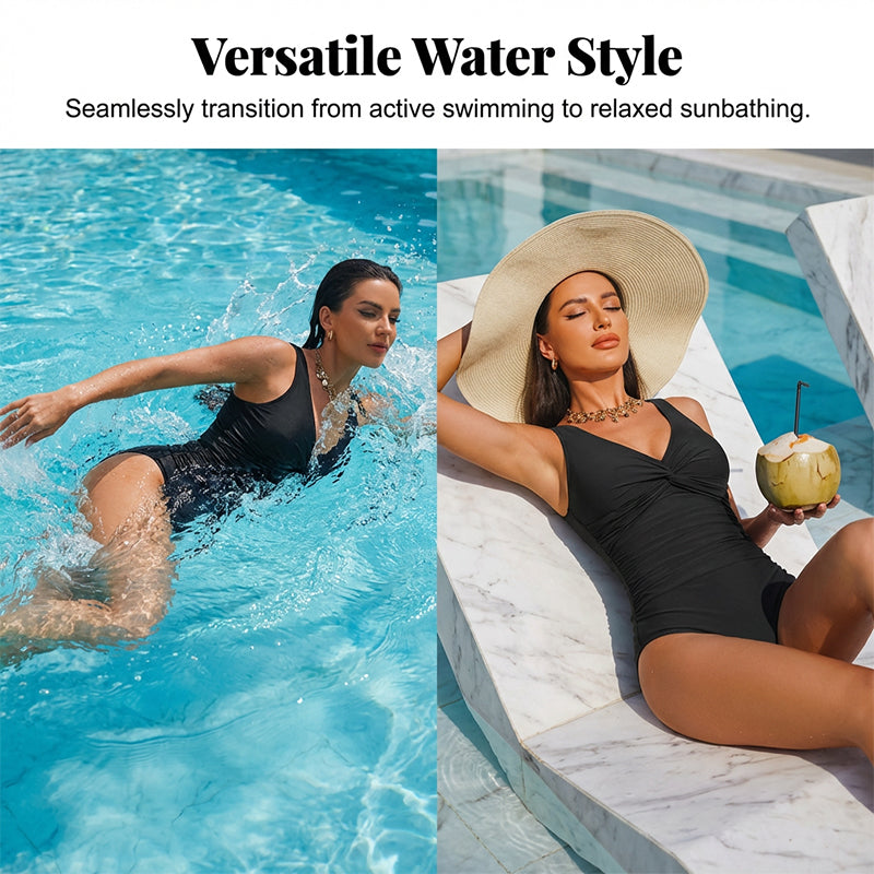 👙Tummy Control Ruched One-Piece – V-Neck & Full Coverage