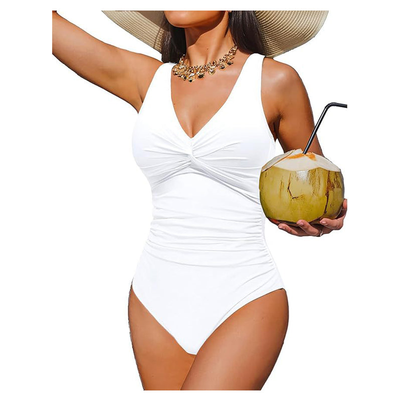 👙Tummy Control Ruched One-Piece – V-Neck & Full Coverage
