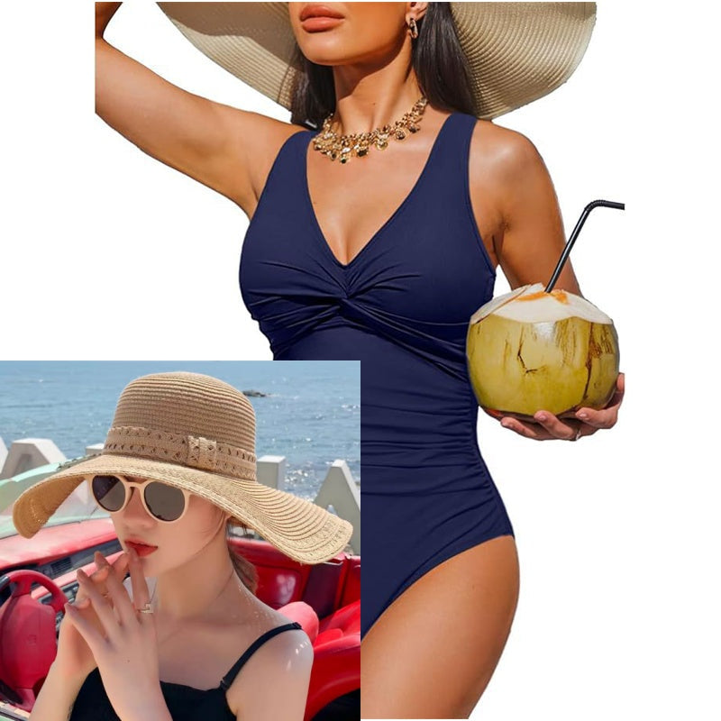 👙Tummy Control Ruched One-Piece – V-Neck & Full Coverage
