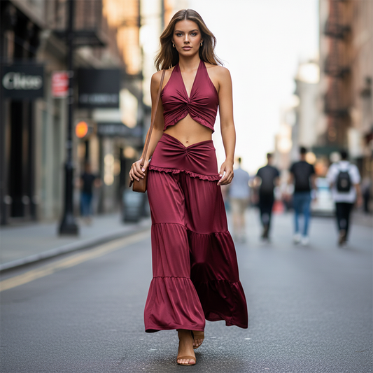 Halter Neck Crop Top & Maxi Skirt Two-Piece Set