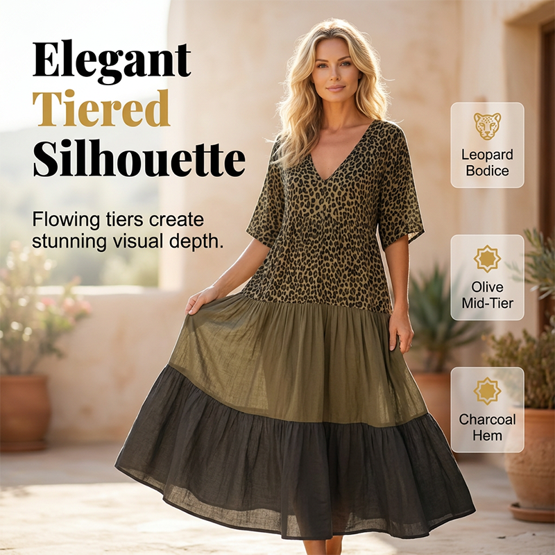 Bohemian Leopard Maxi Dress – V-Neck, Tiered & Feather-Light