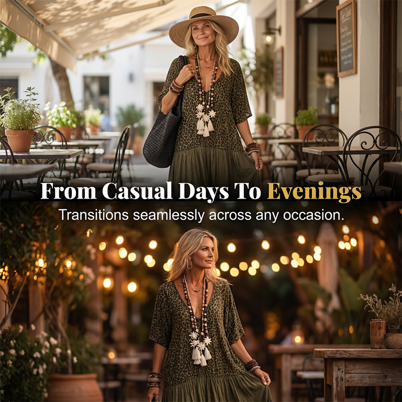 Bohemian Leopard Maxi Dress – V-Neck, Tiered & Feather-Light