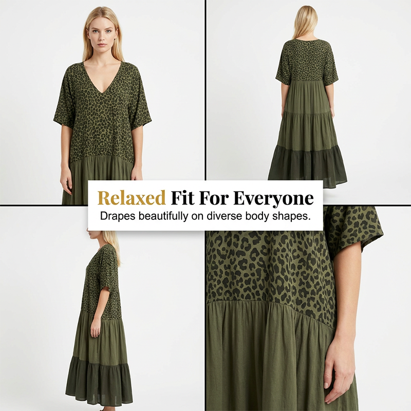 Bohemian Leopard Maxi Dress – V-Neck, Tiered & Feather-Light