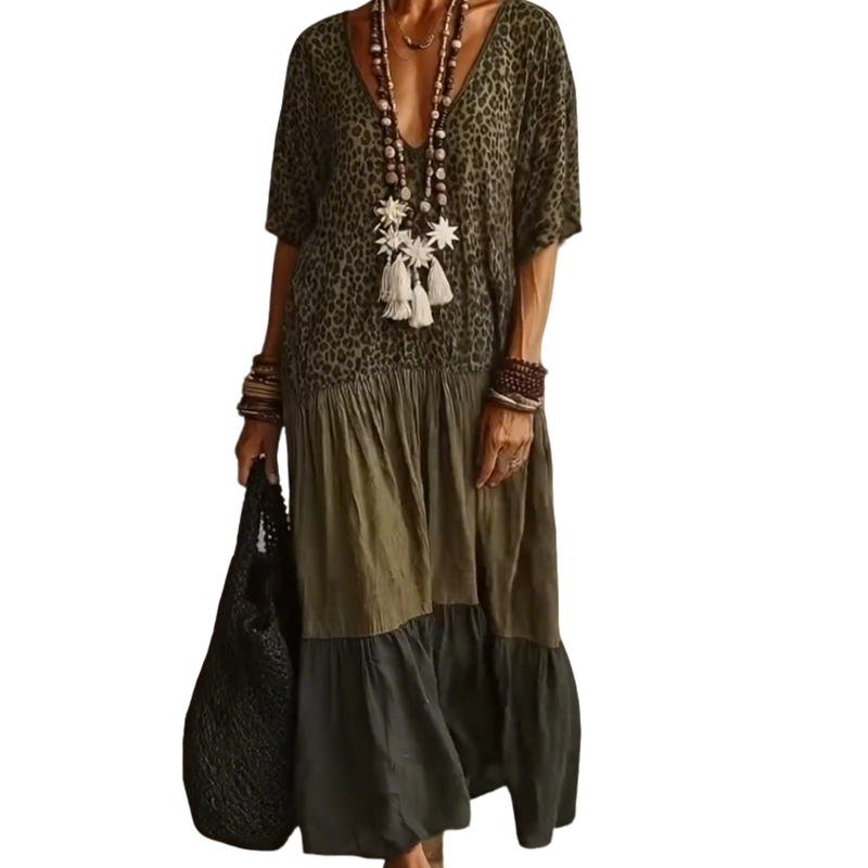 Bohemian Leopard Maxi Dress – V-Neck, Tiered & Feather-Light