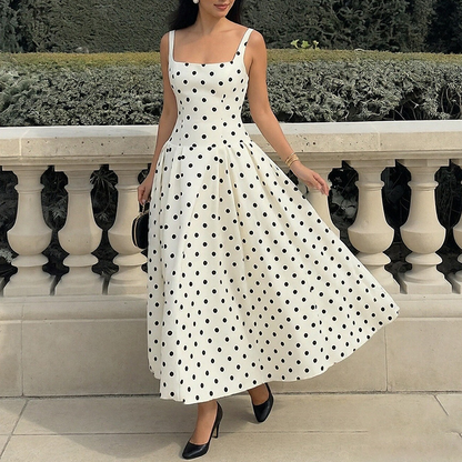Retro Polka Dot A-Line Dress – Elegant Square Neck, Lightweight