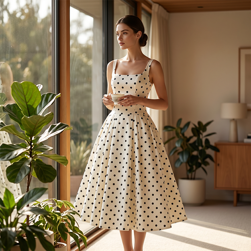 Retro Polka Dot A-Line Dress – Elegant Square Neck, Lightweight