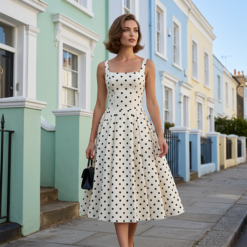 Retro Polka Dot A-Line Dress – Elegant Square Neck, Lightweight