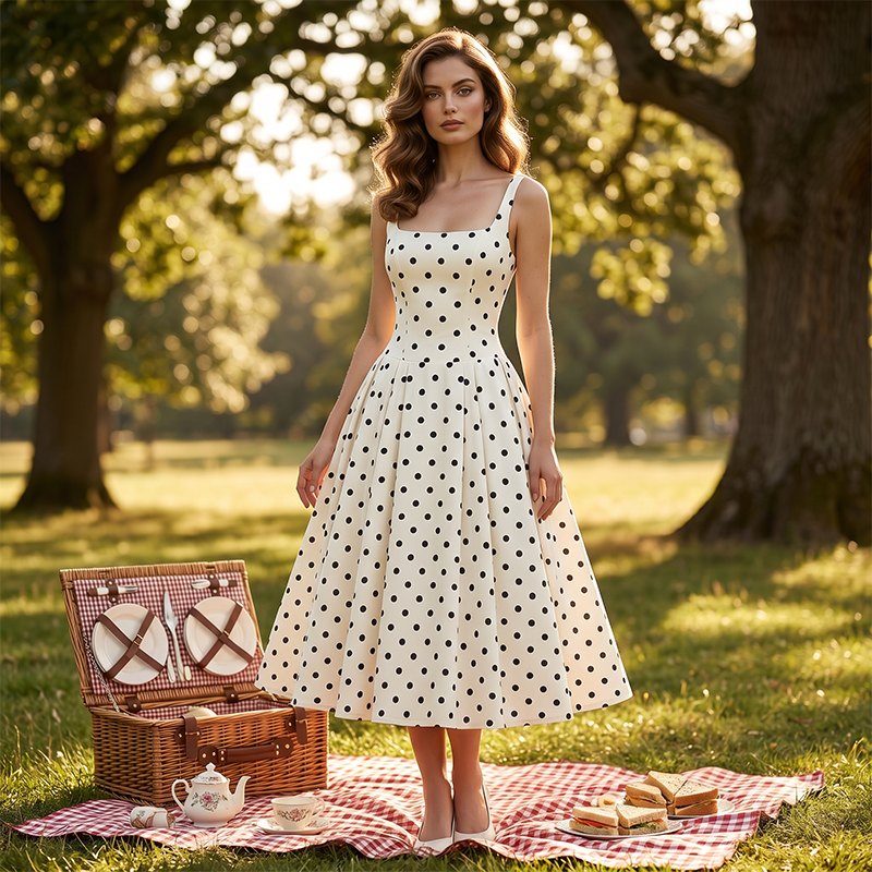 Retro Polka Dot A-Line Dress – Elegant Square Neck, Lightweight