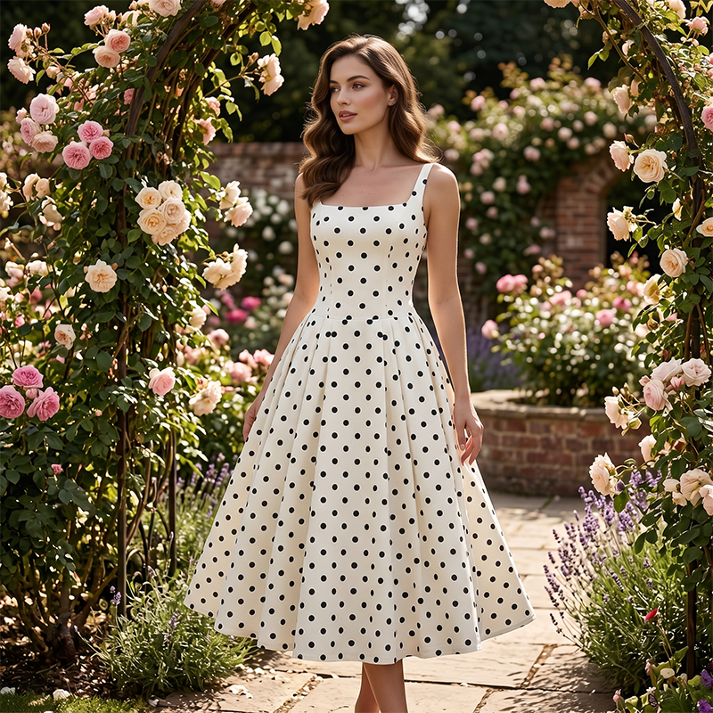 Retro Polka Dot A-Line Dress – Elegant Square Neck, Lightweight