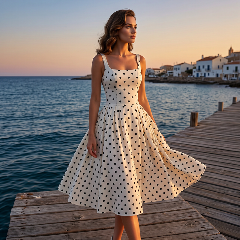 Retro Polka Dot A-Line Dress – Elegant Square Neck, Lightweight