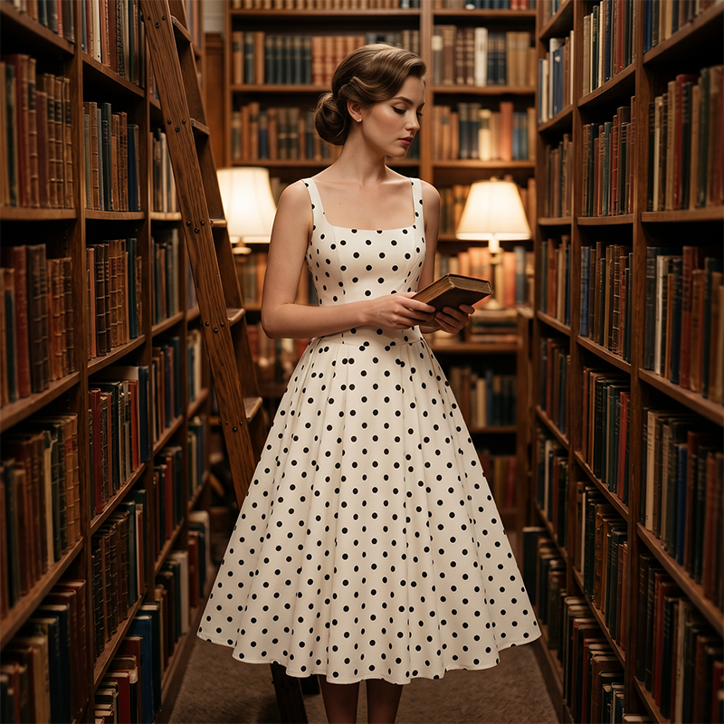 Retro Polka Dot A-Line Dress – Elegant Square Neck, Lightweight
