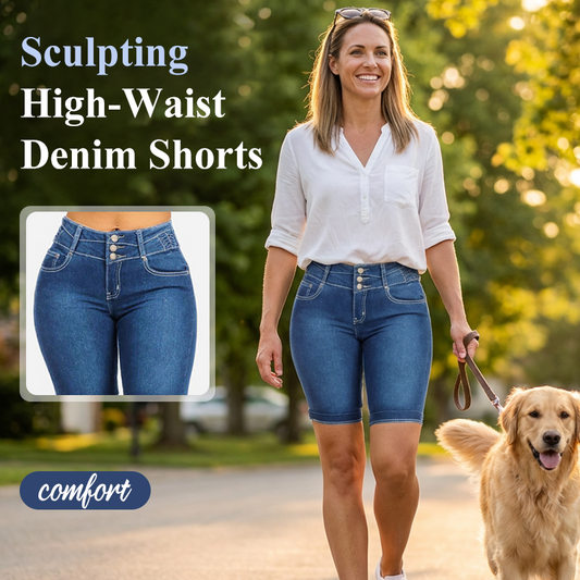 👖High-Waist Stretch Denim Shorts – Tummy Control & Stay-Put Hem