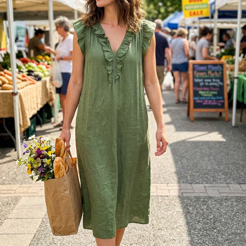 V-Neck Ruffle Dress – Breezy & Vacation-Ready Silhouette