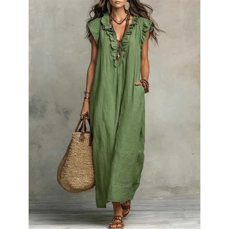 V-Neck Ruffle Dress – Breezy & Vacation-Ready Silhouette
